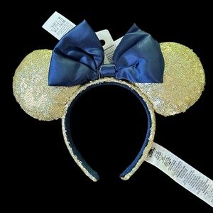 Authentic Disney 50 Year Celebration Sequin Minnie Ears with Blue Bow - NWT